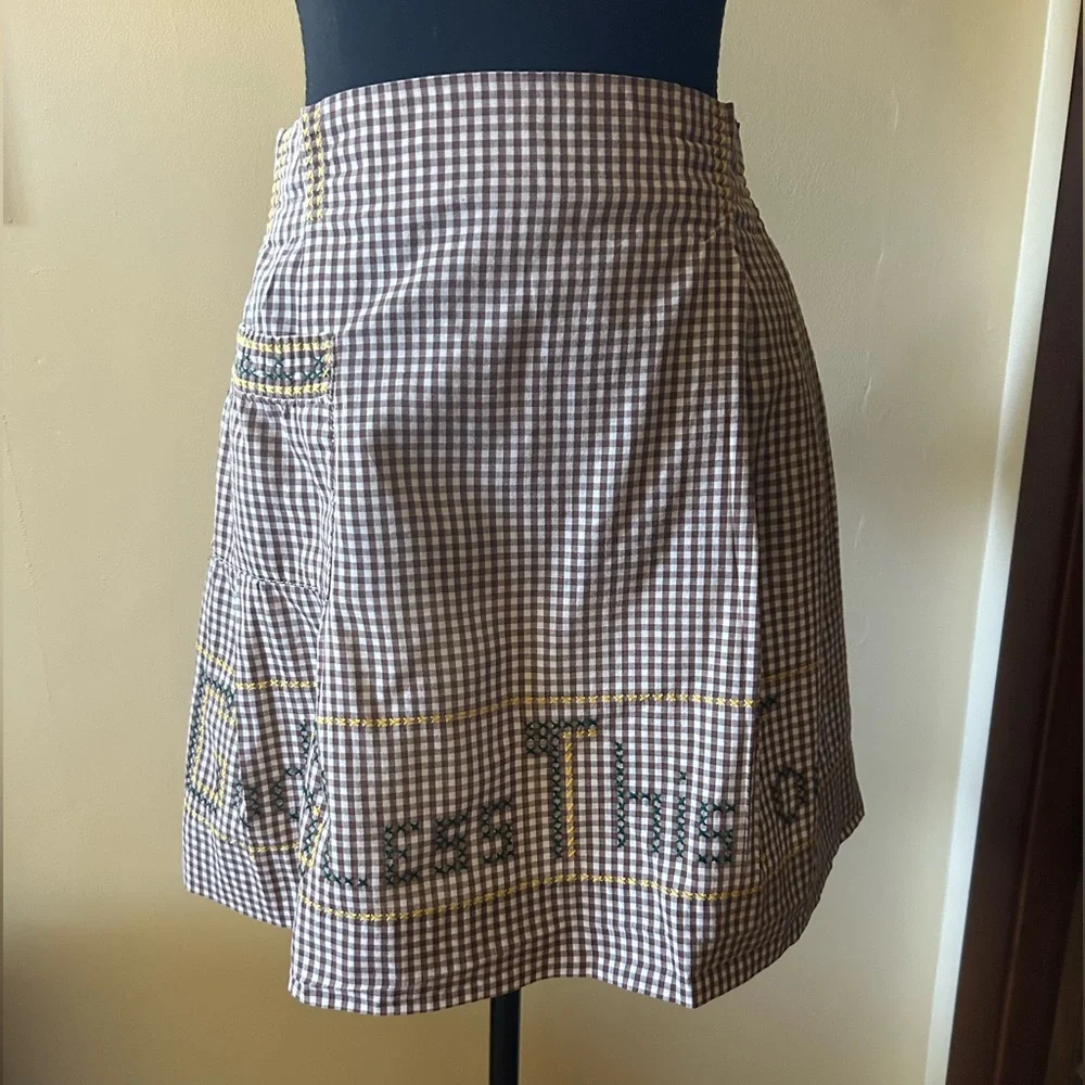 Hand Crafted Brown and White Gingham Kitchen Half Apron with Yellow Accent